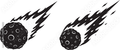 Two fiery meteorites streaking through space silhouette