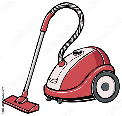 Cartoon style illustration of a red canister vacuum cleaner appliance for housework