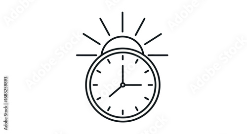 Simple Black and White Alarm Clock with Sunrise Icon.