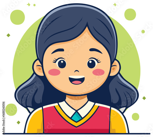 Happy cartoon girl with dark hair, smiling, wearing school uniform and rosy cheeks