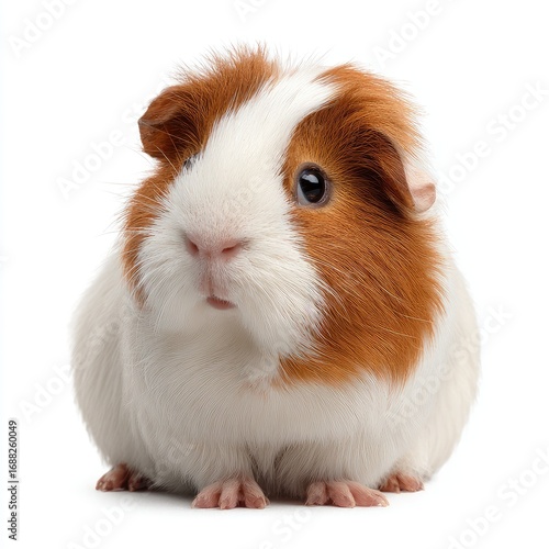 Cute guinea pig, reddish-brown and white, looking directly at viewer