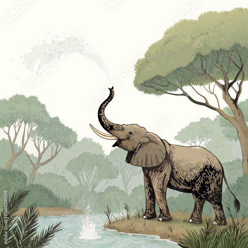 Stylized illustration of an elephant with red accents spraying water by a river.