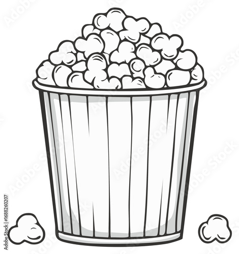 Cartoon illustration of a popcorn bucket overflowing with popcorn, stylized graphic illustration for snacks, cinema, and food themes