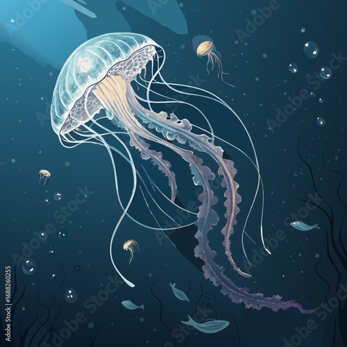 Stylized Illustration of Marine Life with Jellyfish.
