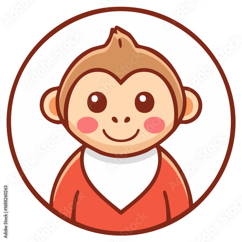 Cute cartoon monkey character wearing a red shirt and bib, isolated in a circle