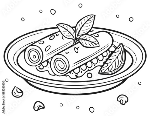 Outline illustration of savory rolled crepes with sauce and basil garnish on a plate