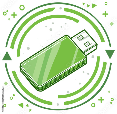 Green USB flash drive vector illustration. Digital data storage and information transfer concept icon.