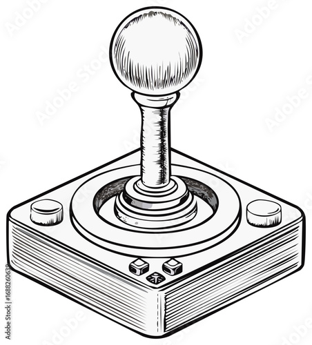 Vintage arcade joystick controller in a black and white hand drawn illustration style