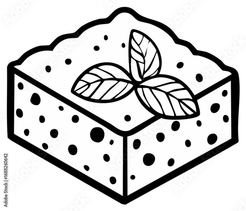 Hand drawn illustration of a piece of cake with basil leaves