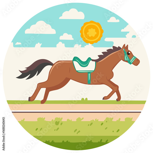 Brown horse with green saddle running on track under a sunny sky with clouds
