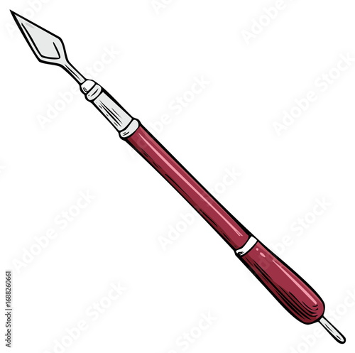 Palette Knife with a maroon handle, Hand drawn art tool for mixing and applying paint.  Artistic tool illustration