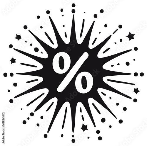 Hand drawn percent sign in an exploding starburst icon for sales promotions and discounts