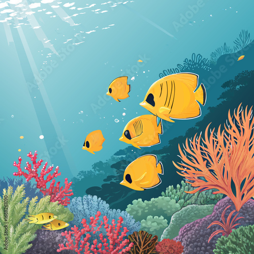 Sunlit Coral Reef with a School of Yellow Butterflyfish.