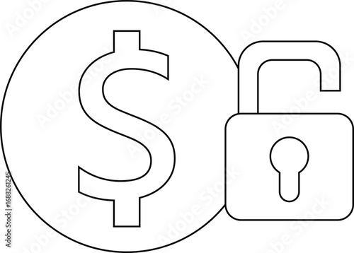 open padlock icon and dollar coin icon with white background