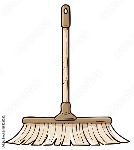 Cartoon Illustration of an Upright Broom with Wooden Handle, Cleaning Equipment