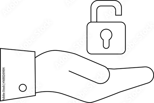 icon of a hand carrying an open padlock icon with an open lock on a white background
