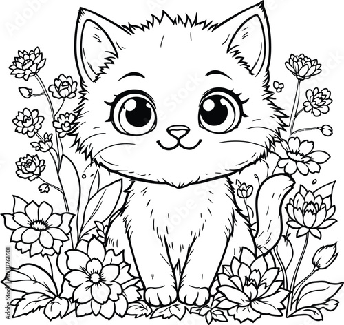 Coloring book. Kitten plays in the garden, leaves from the trees. Generative ai vector.
