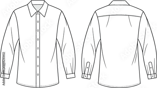 Flat vector technical sketch of men’s formal button-up shirt with long sleeves, classic collar, back yoke, cad fashion drawing