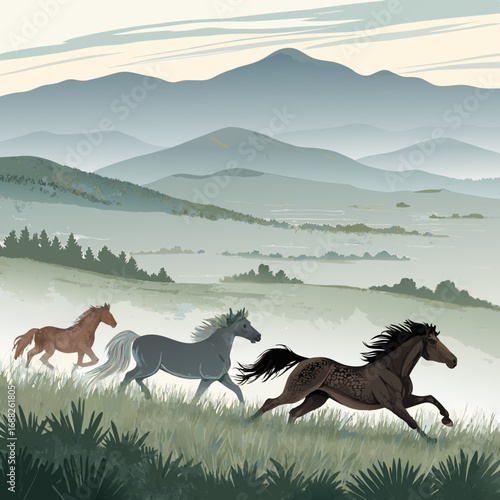 Three Wild Horses Galloping Freely in a Snowy Mountain Meadow.