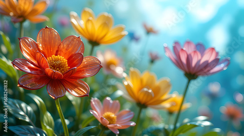 Three-Dimensional Portrayal of Vibrant Glass Garden Blossoms