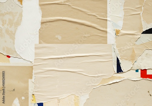 A textured background featuring a blank white center framed by torn layers of weathered, old, and colorful paper