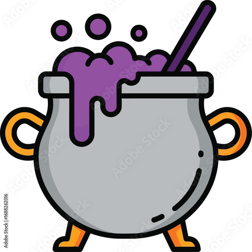 Whimsical cartoon cauldron bubbling with vibrant purple potion and stirring stick vector