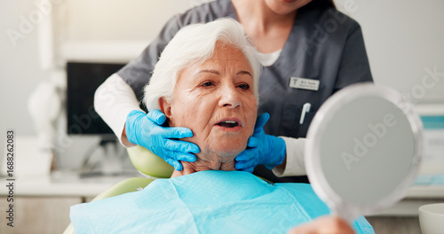 Photos Dental, senior woman and mirror with results for teeth whitening, gum disease and dentures