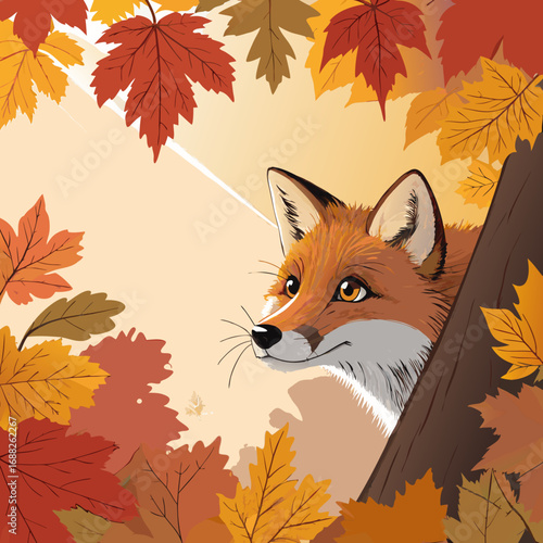 Vector Illustration of a Fox in an Autumnal Forest.