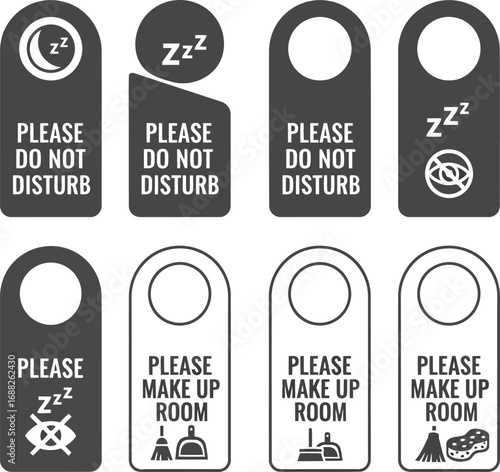 Collection of hotel door hangers please do not disturb make up room signs with sleep icons vector