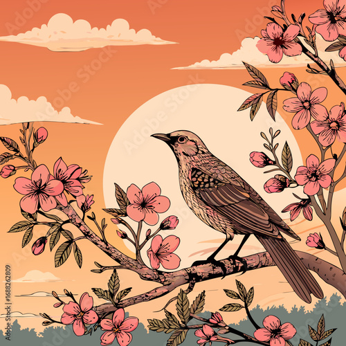 Vibrant Green Bird Perched on a Flowering Branch.