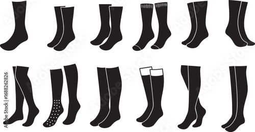 Collection of Black Silhouette Socks and Hosiery Styles on White Background stockings knee-high socks