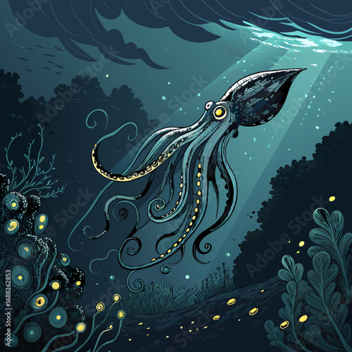 Vibrant Green Bioluminescent Squid Illustration.