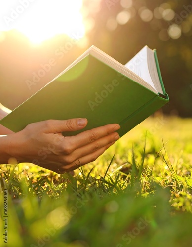 Person reading a green book outdoors