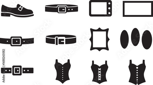 Collection of fashion and accessory icons including shoe belt frame and oval shapes Keywords: shoe, oxford shoe, formal shoe, leather shoe, buckle shoe, belt, leather belt, fashion belt, accessory