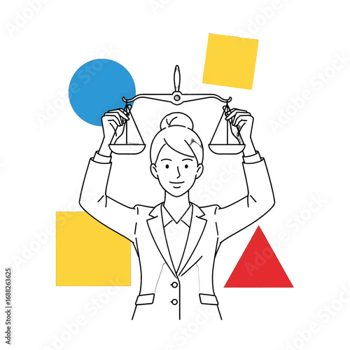 Smiling Woman Holding Balance Scale Surrounded by Geometric Shapes in White Background
