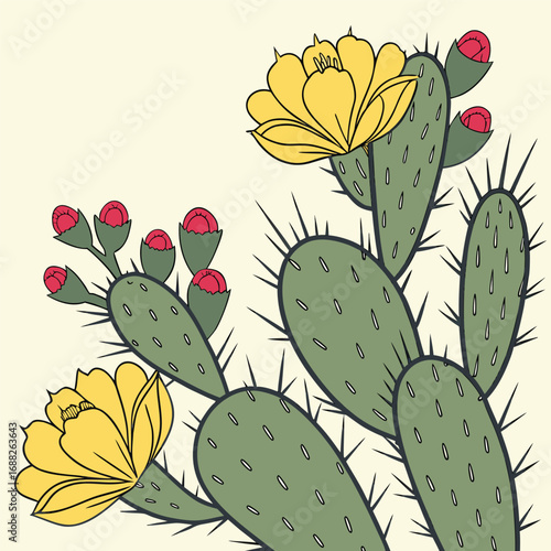Prickly pear cactus with yellow flowers and red buds