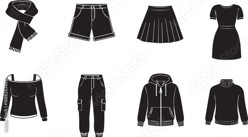 Eight black silhouette icons of clothing items including a cold-shoulder top and jogger pants Keywords: scarf, shorts, skirt, dress, cold shoulder top, jogger pants, hoodie, turtleneck sweater