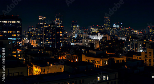 Wallpaper Mural Expansive view of a dense urban metropolis at night, with glowing downtown skyscrapers rising above shadowed buildings Torontodigital.ca