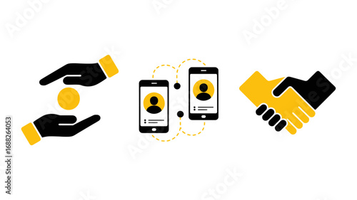Safe Money Transfer, Mobile Payment, Secure Transaction, Online Banking, Financial Technology, Digital Wallet, Fintech, Business Deal, Partnership, Handshake, Icon Set, Vector Illu