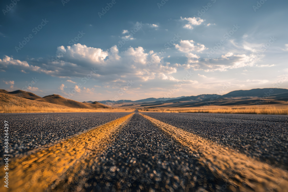 Fototapeta premium An empty open road stretching into the horizon under a bright sky, representing freedom of travel