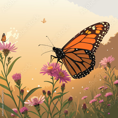 Vibrant Monarch Butterfly Perched on a Pink Wildflower.