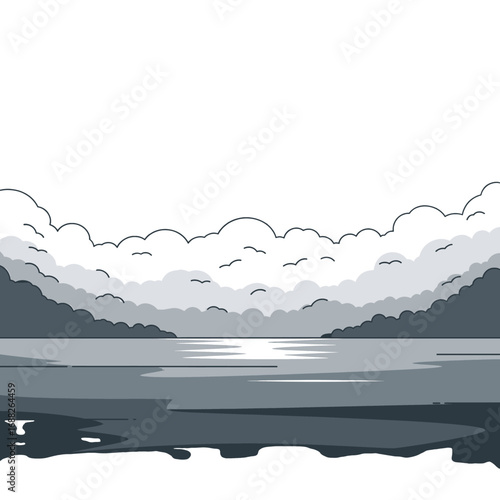Monochromatic Pixel Art Lake Scene With Distant Mountains and Cloudy Sky Illustration