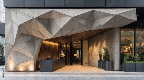 Modern architectural entryway with textured concrete facade