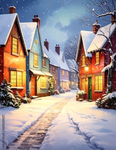 Cozy snow-dusted village at night