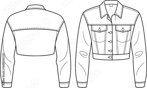 Front and back technical sketch of cropped denim jacket with long sleeves, flap pockets, button placket, fashion cad flat drawing