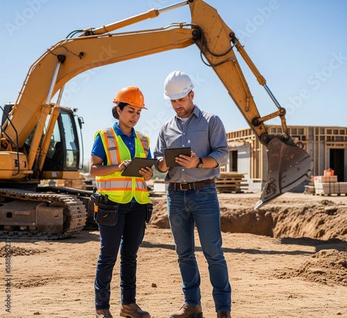 A Hispanic female land development inspector speaks with a white male land development manager using a tablet at a construction site for a real estate project. An excavator prepares to lay a foundatio