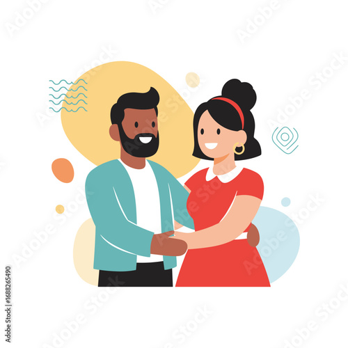 Happy couple holding hands embracing joyfully together in a modern abstract style illustration