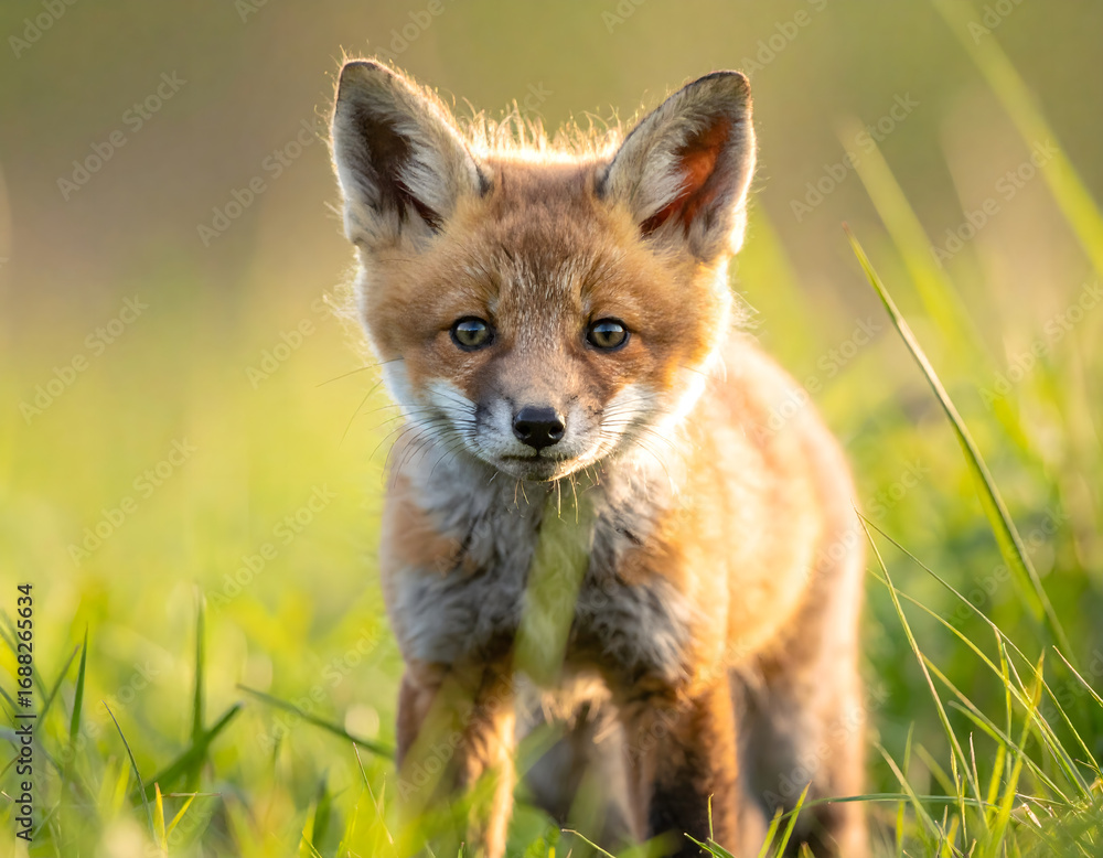 Obraz premium Adorable red fox kit standing in tall grass, bathed in golden sunlight.