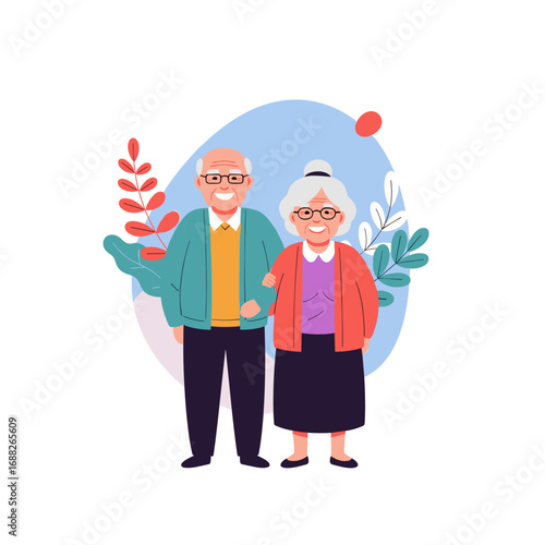 Illustrating a loving elderly couple standing together embracing the beauty of their golden years with joy and contentment