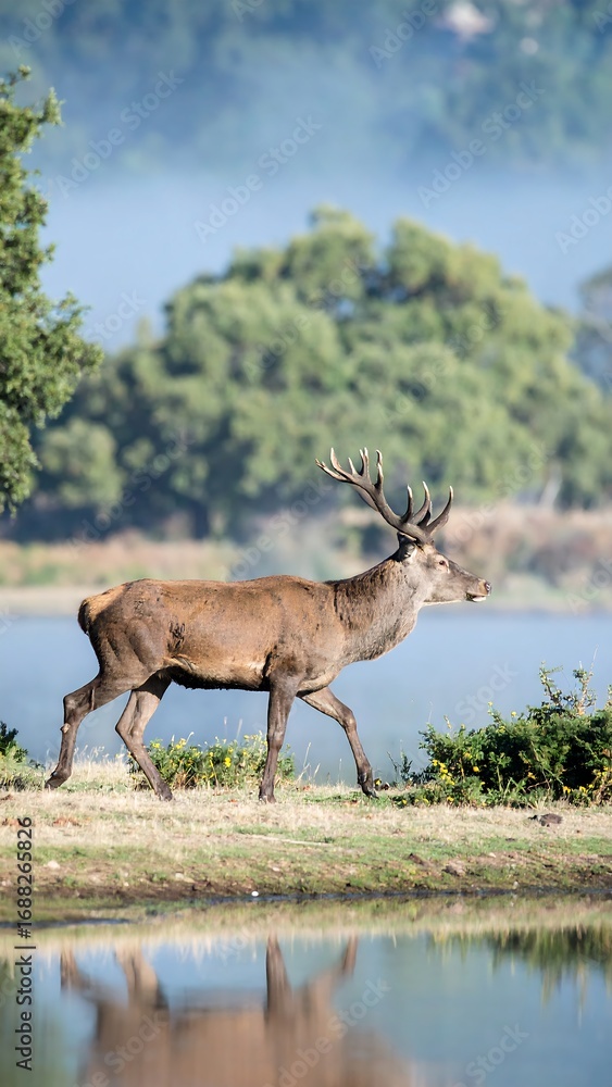 Fototapeta premium Deer walking by a lake